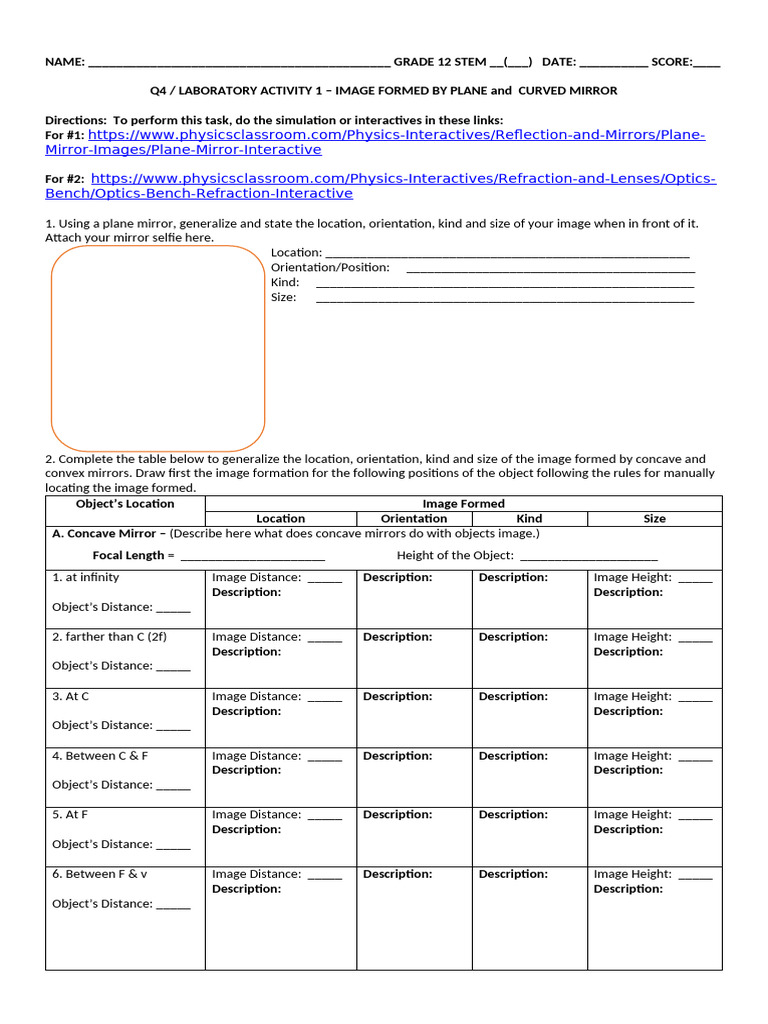 Image Formation with Mirrors Lab Activity | PDF | Electromagnetic ...