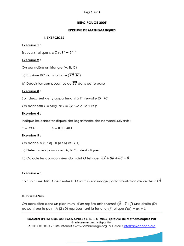Sujet BEPC Mathématiques 2005 Congo | PDF | Cercle | Coordonnées ...