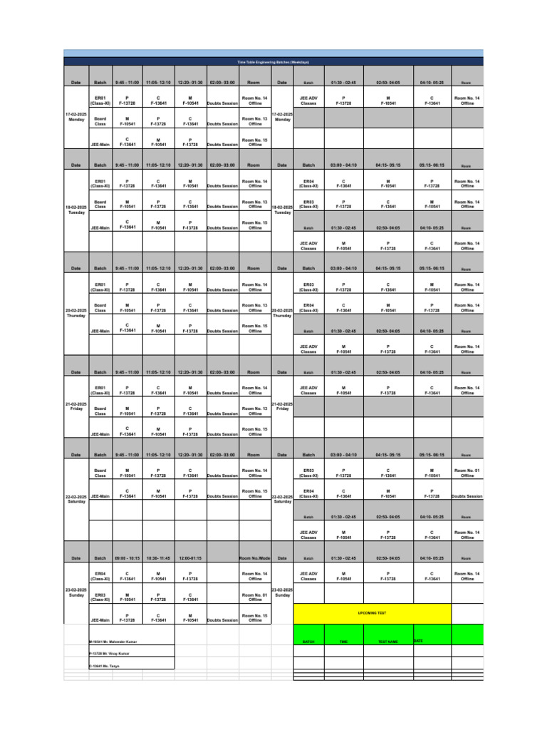 Weekday Engineering Batch Timetable | PDF