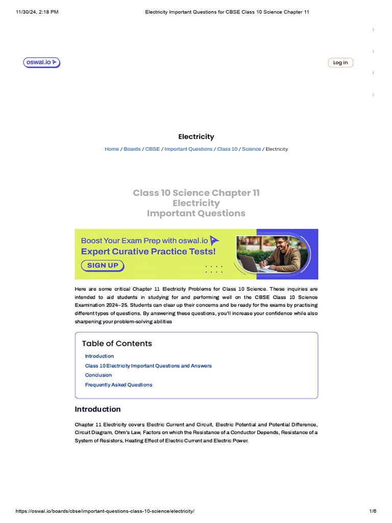 Class 10 Electricity Important Questions | PDF | Volt | Electric Current