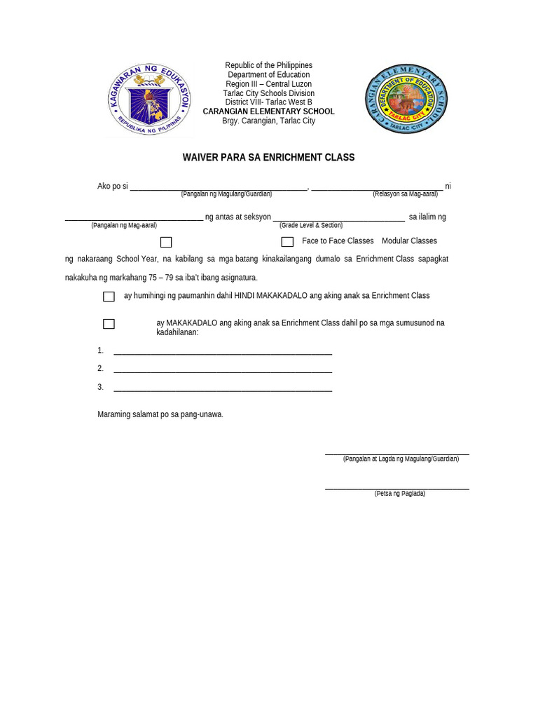 Waiver para Sa Enrichment Class | PDF