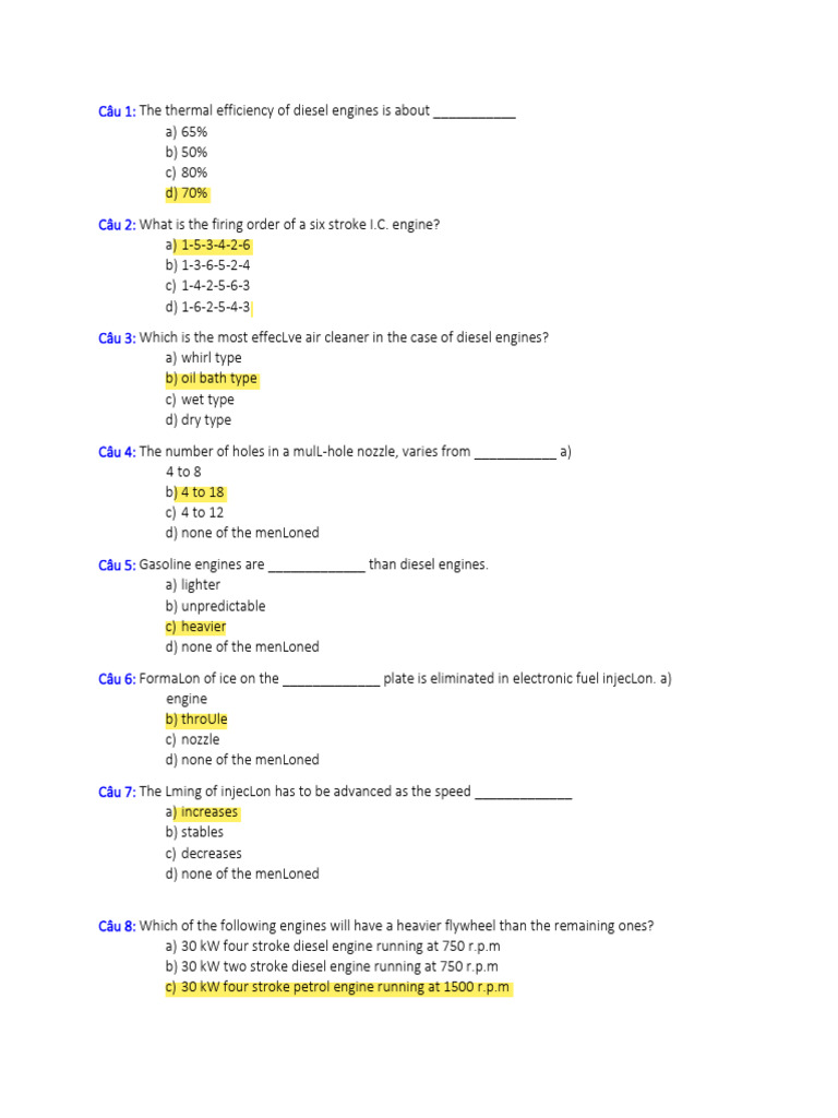 Diesel Engine Efficiency and Mechanics Quiz | PDF | Diesel Engine | Piston