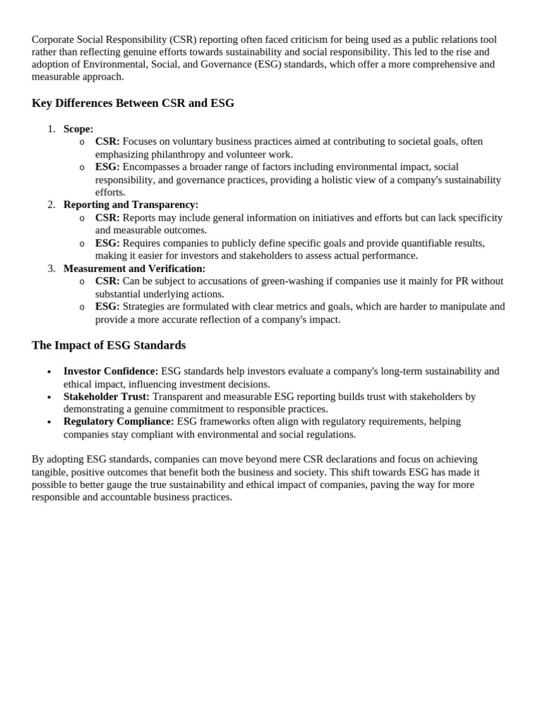 CSR vs. ESG: Key Differences Explained | PDF