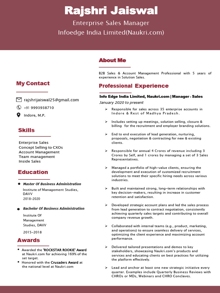 Enterprise Sales Manager Profile | PDF | Sales | Economies