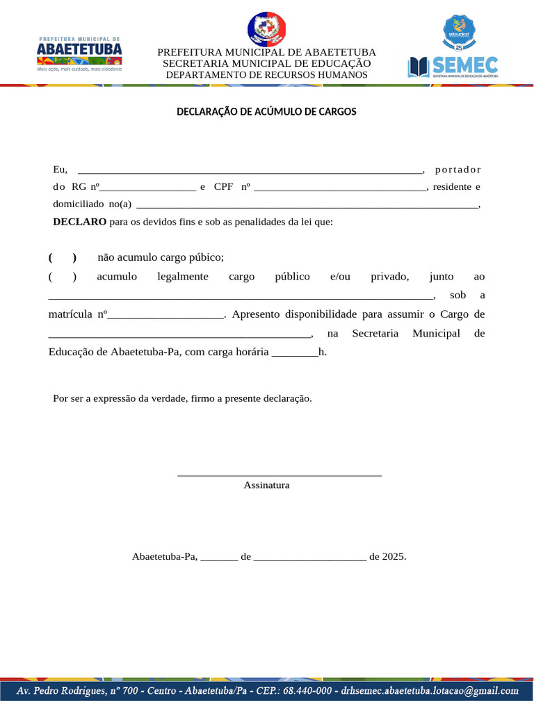 Declaração de Acumulos de Cargos | PDF