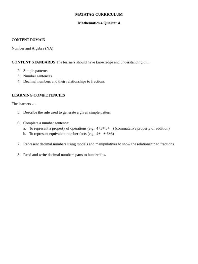 Grade 4 Math: Matatag Curriculum Guide | PDF