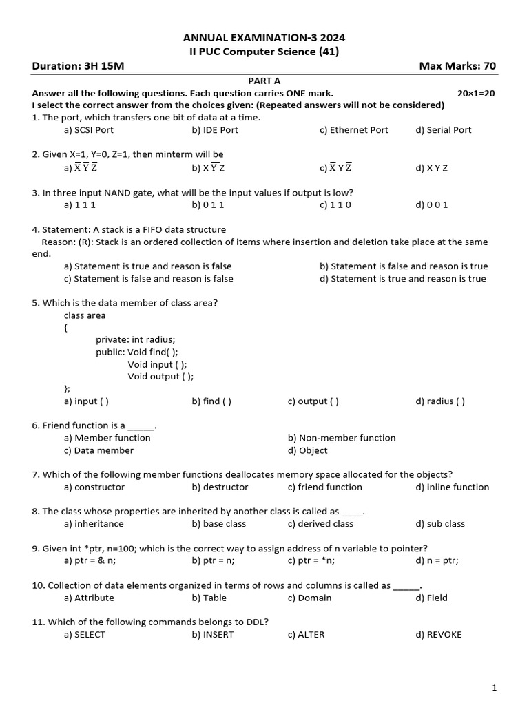II PUC Computer Science Exam 2024 | PDF | Pointer (Computer Programming ...