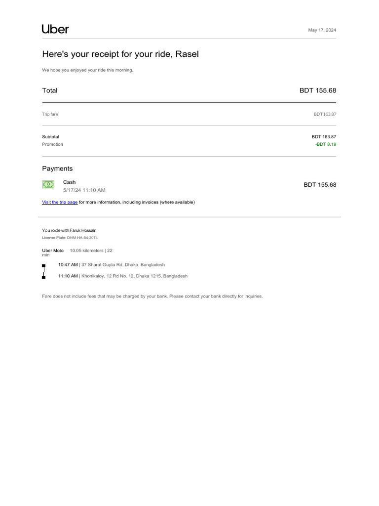 Here's Your Receipt For Your Ride, Rasel: Total BDT 155.68 | PDF
