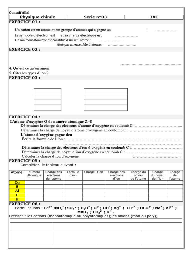 Exercices sur atomes et ions | PDF | Ion | Atomes