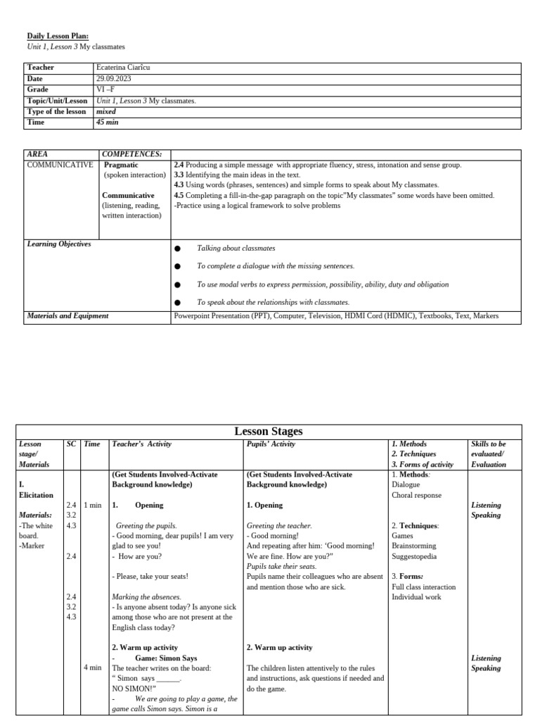 Lesson Plan: My Classmates for Grade VI | PDF | Communication | Human ...