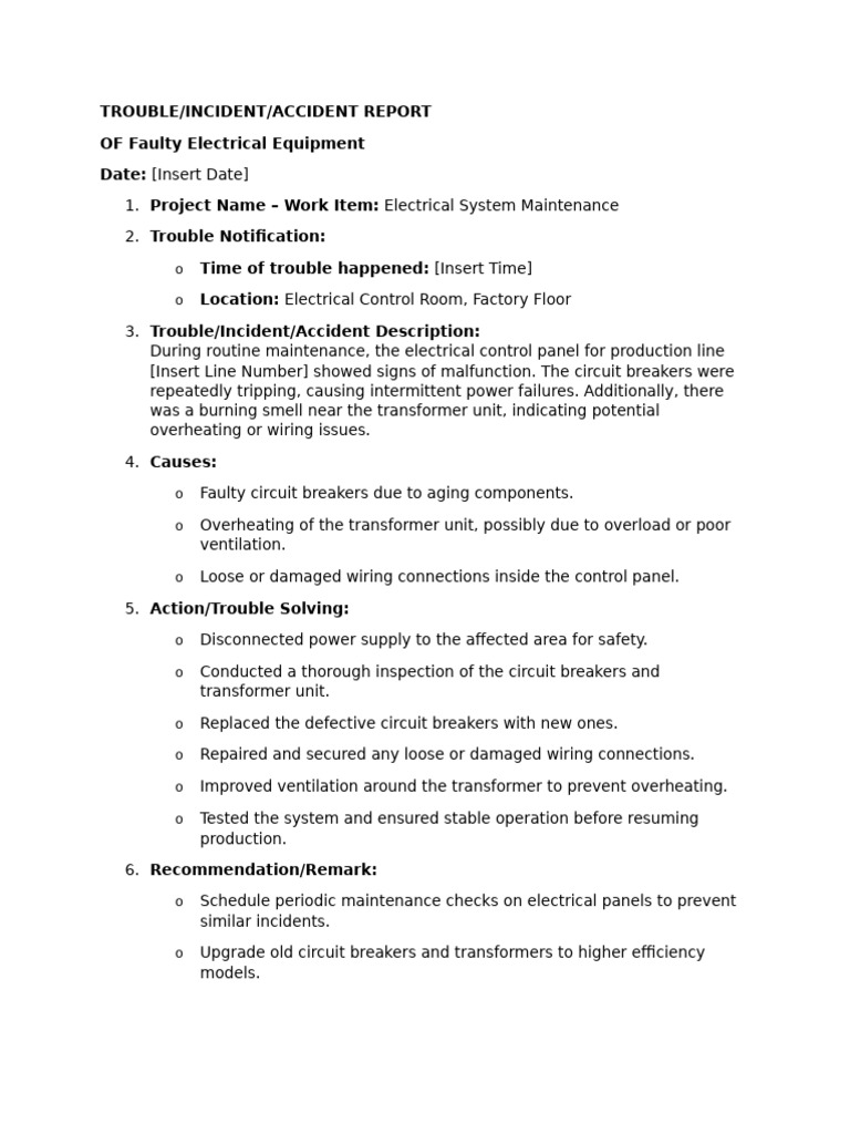 Electrical Equipment Incident Report | PDF