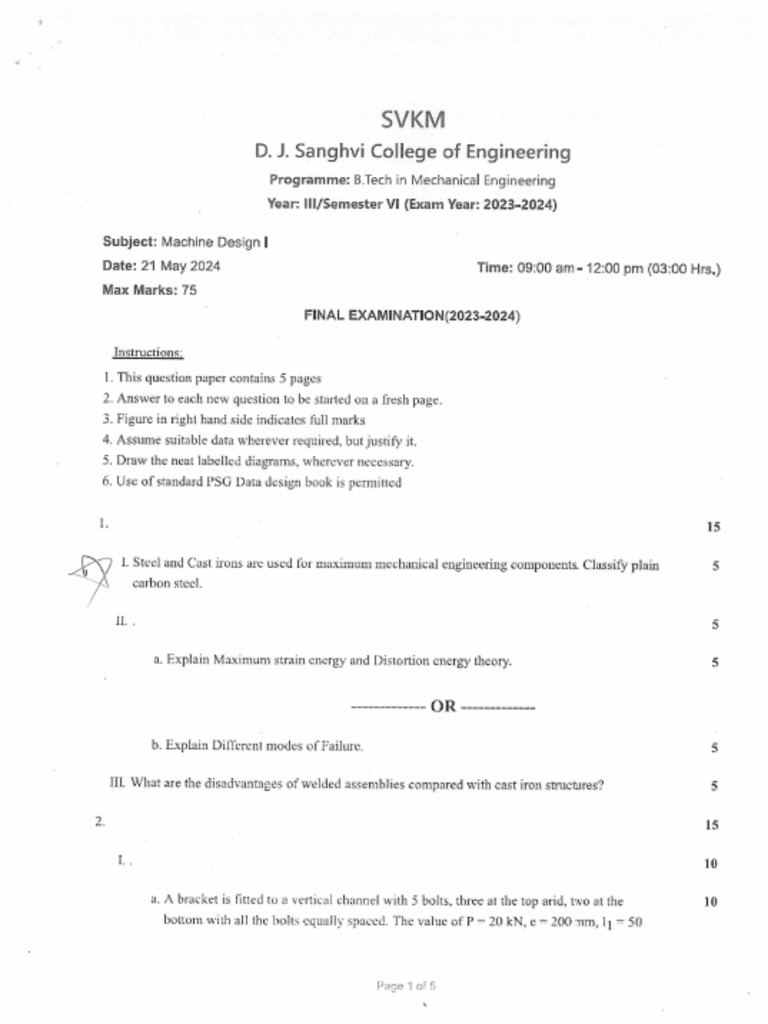 Machine Design-I QP Mech Sem VI | PDF