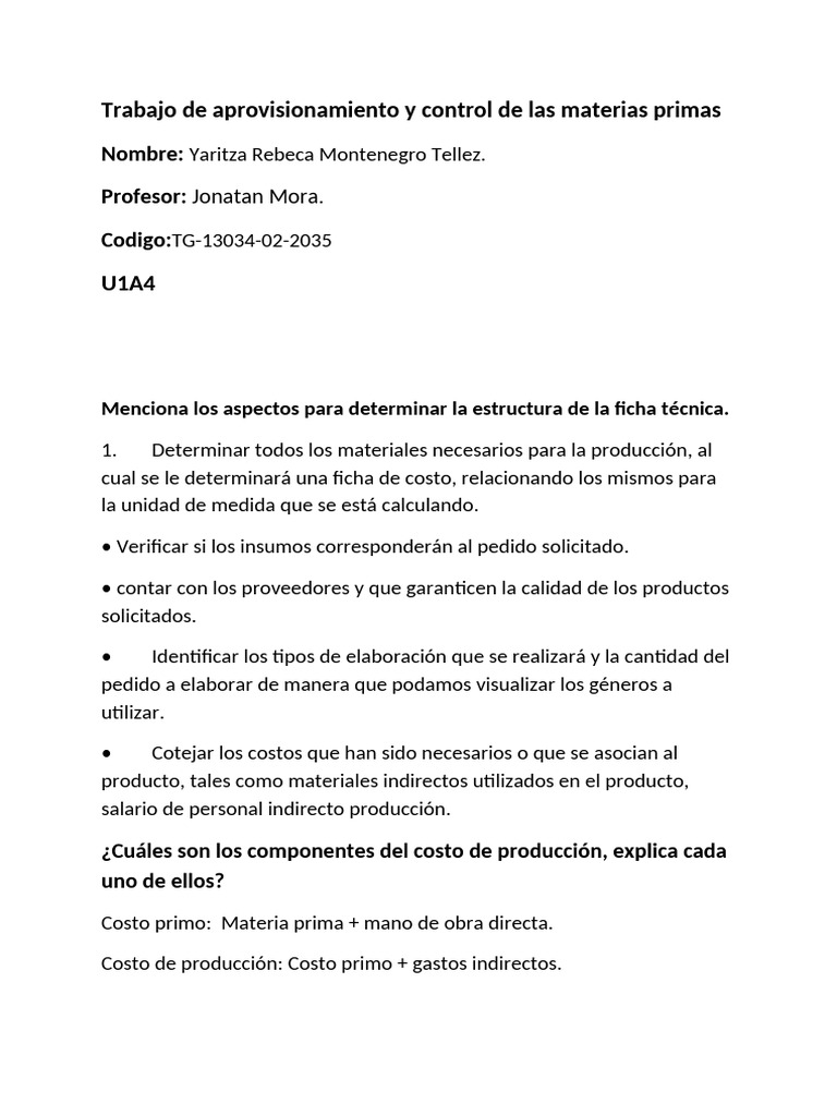 Trabajo de Aprovisionamiento y Control de Las Materias Primas | PDF ...