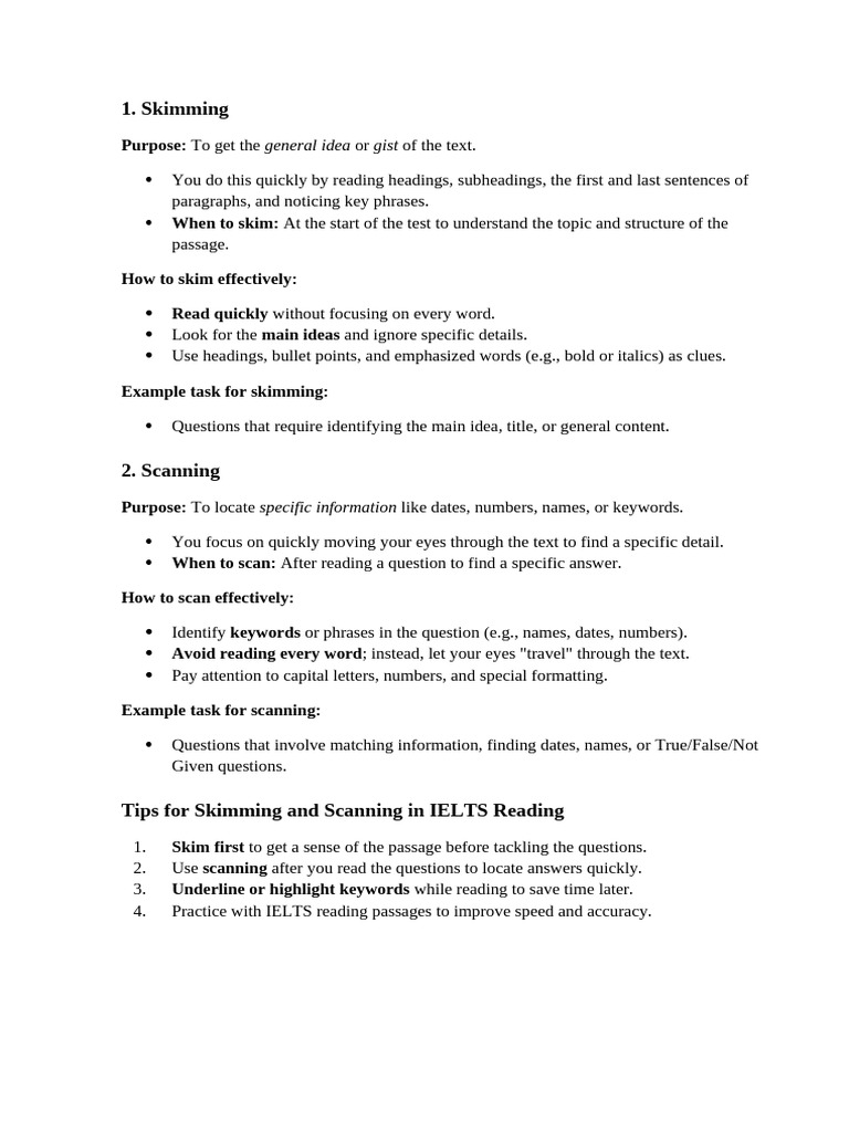 Skimming and Scanning Techniques for IELTS | PDF