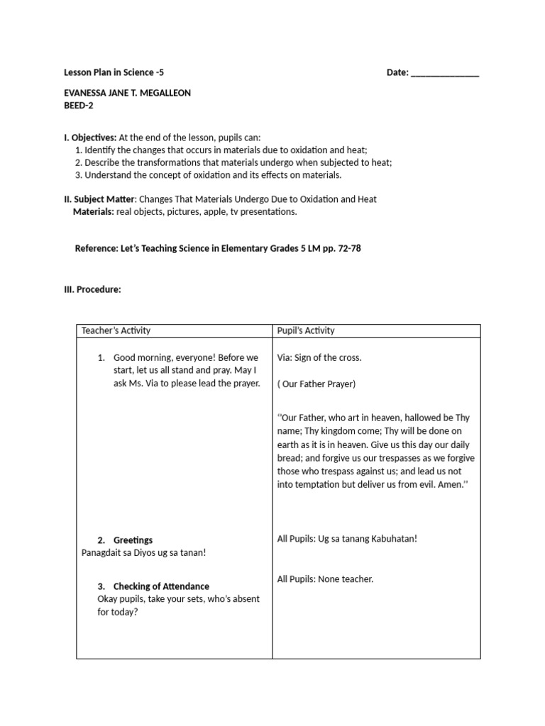 vanessa lesson plan | PDF | Lord's Prayer | Chemical Substances
