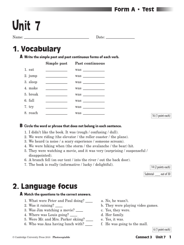 Connect 3 Unit 7 Test: Past Tenses | PDF