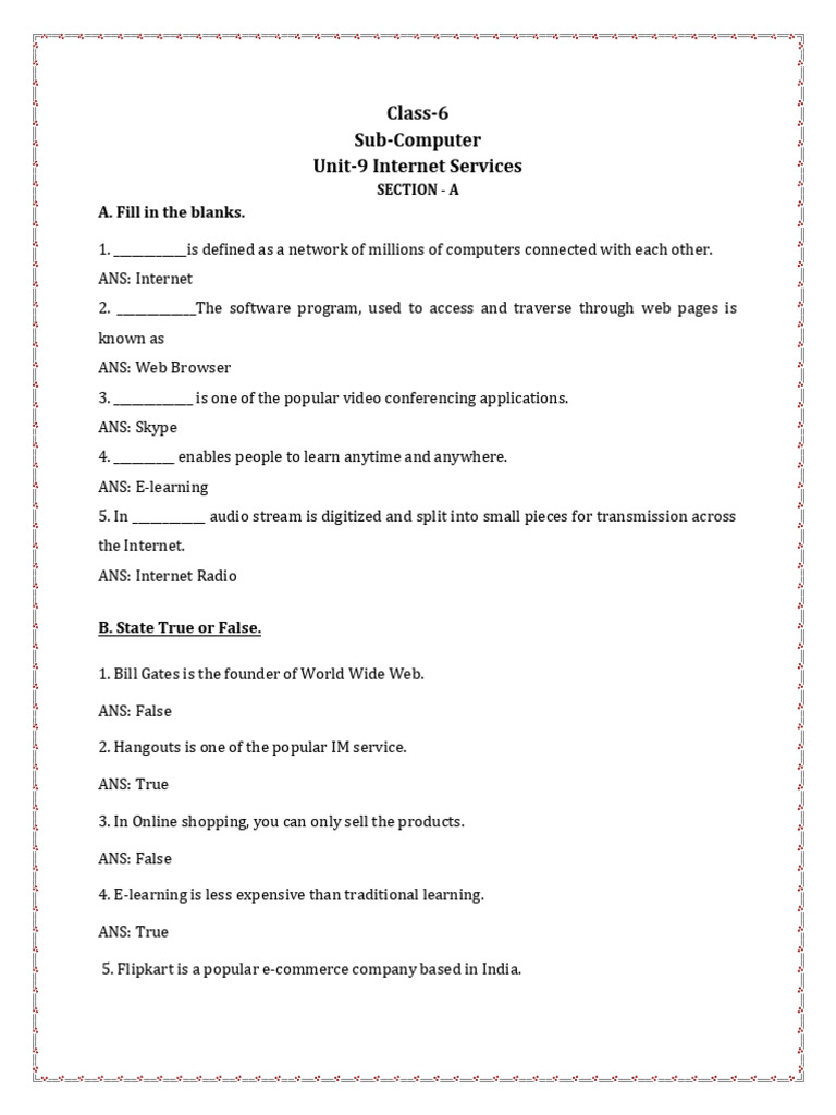 Class 6 Computer: Internet Services Guide | PDF | Internet | Computer ...