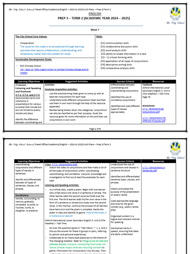 Prep 3 - T2 - Unit Plan (Week 7) | PDF | Reading Comprehension | Vocabulary
