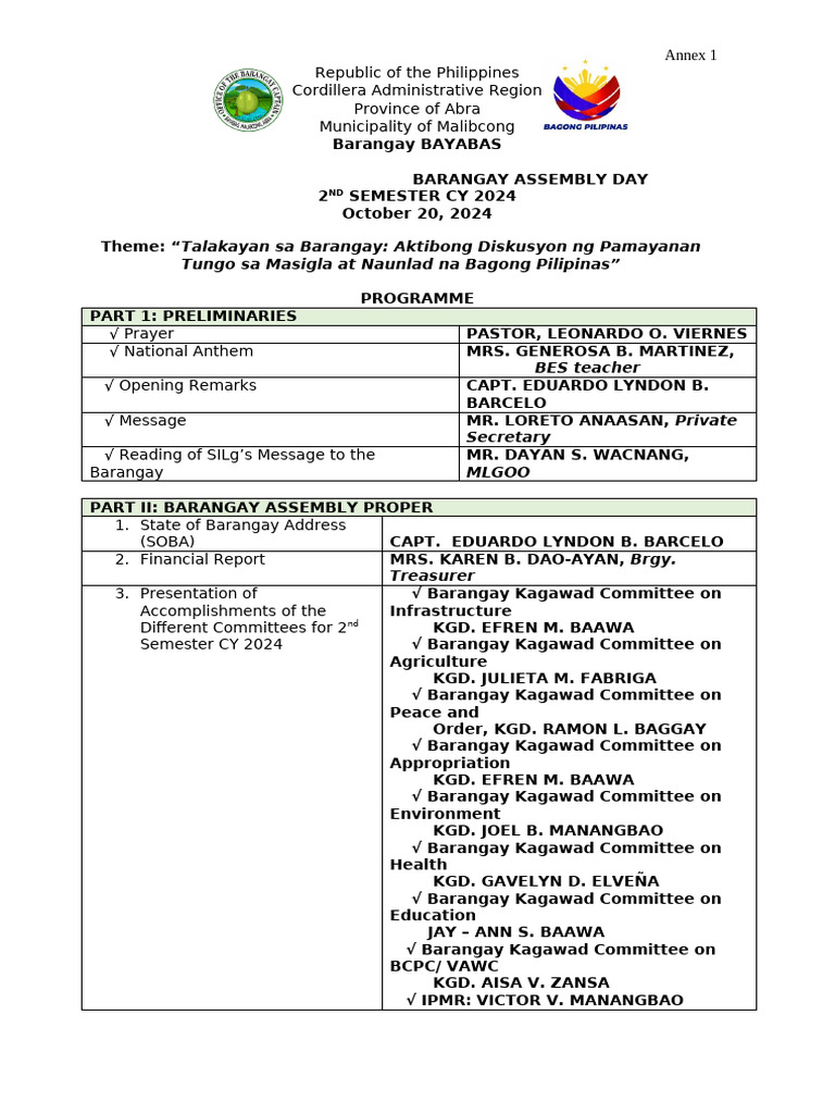 Barangay Assembly Day Report 2024 | PDF