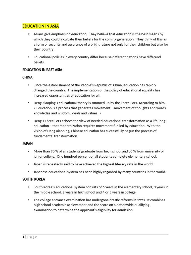Class Notes - EDUCATION IN ASIA | PDF | Asia | Deng Xiaoping