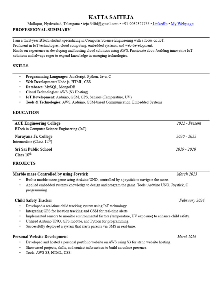 IoT-Focused BTech Student Profile | PDF | Amazon Web Services | Web ...