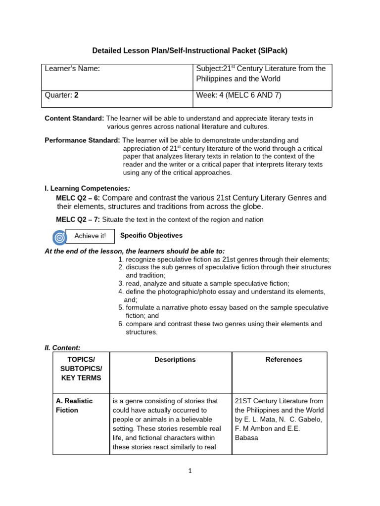 21st Century Literature Lesson Plan | PDF | Essays | Genre