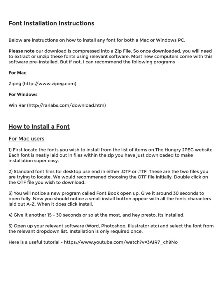 Font Installation Guide for Mac & Windows | PDF | Computer File | Zip ...