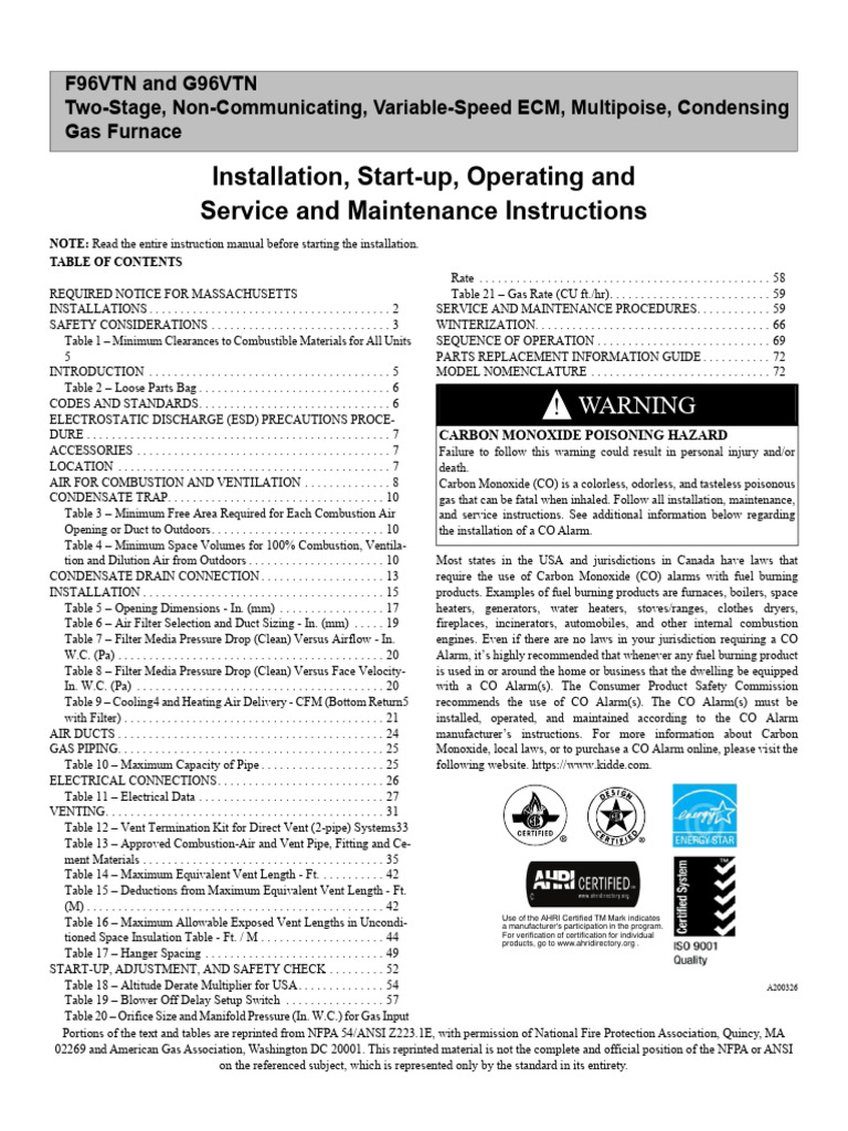 G96VTN Furnace Installation Manual | PDF | Duct (Flow) | Electrostatic ...