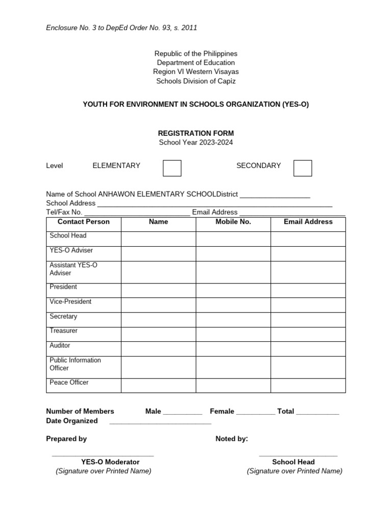 YES-O Registration Form 2023-2024 | PDF