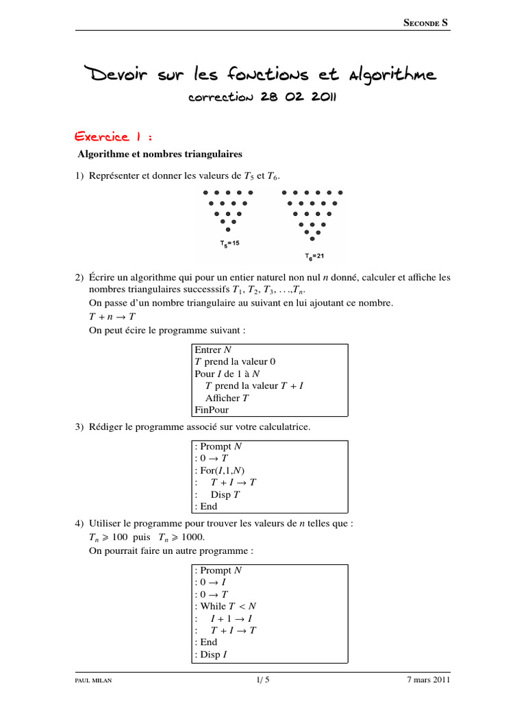 Correction Devoir Algorithmes Seconde S | PDF | Algorithmes | Informatique
