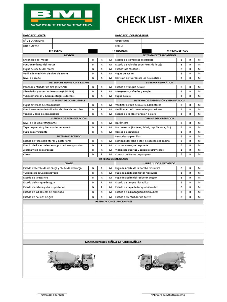 Check List de Mantenimiento para Mixer y Tracto | PDF | Neumático ...