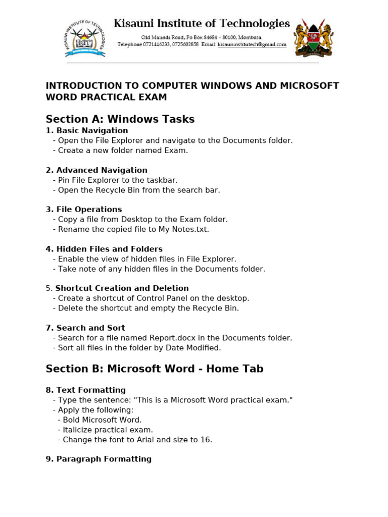 Introduction To Computer Windows and Microsoft Word Practical Exam | PDF