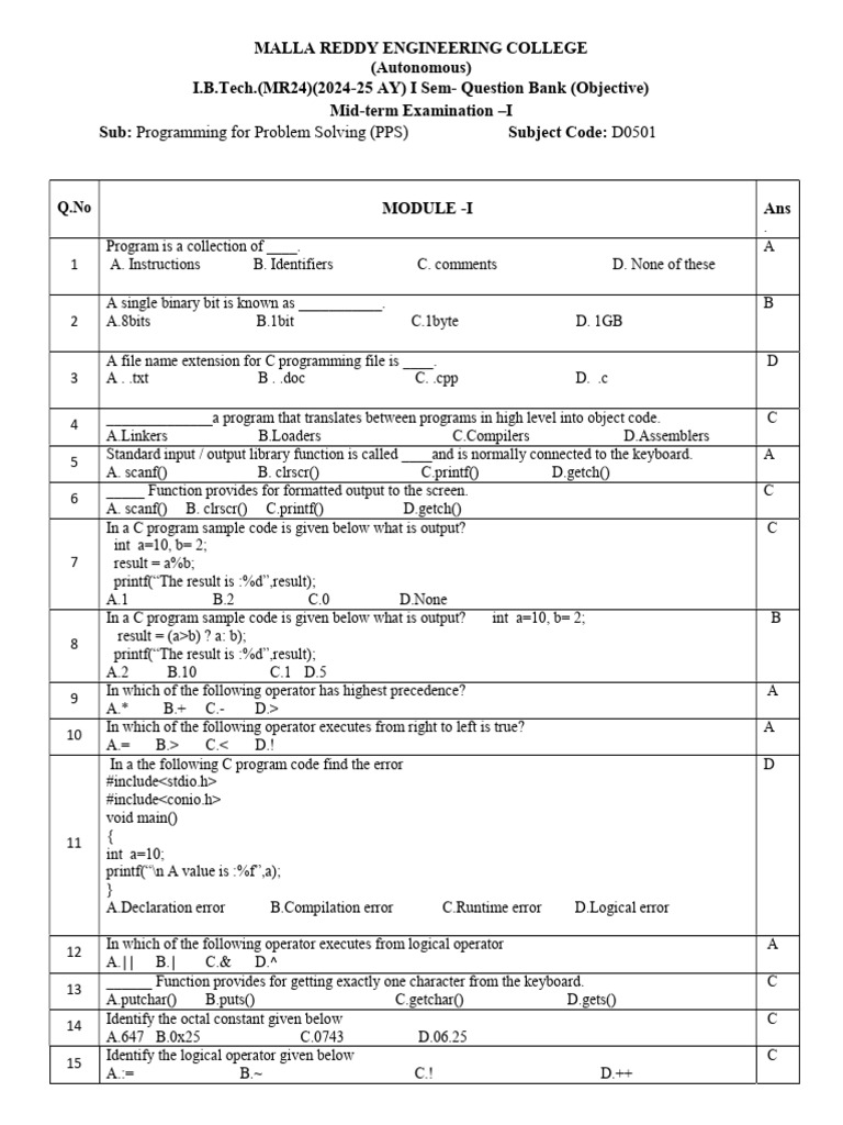 PPS Mid 1 Objective 2024 | PDF | Integer (Computer Science) | C ...