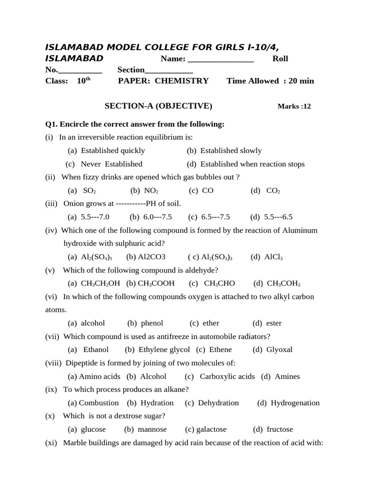 10th Grade Chemistry Exam Paper | PDF | Acid | Chemical Reactions
