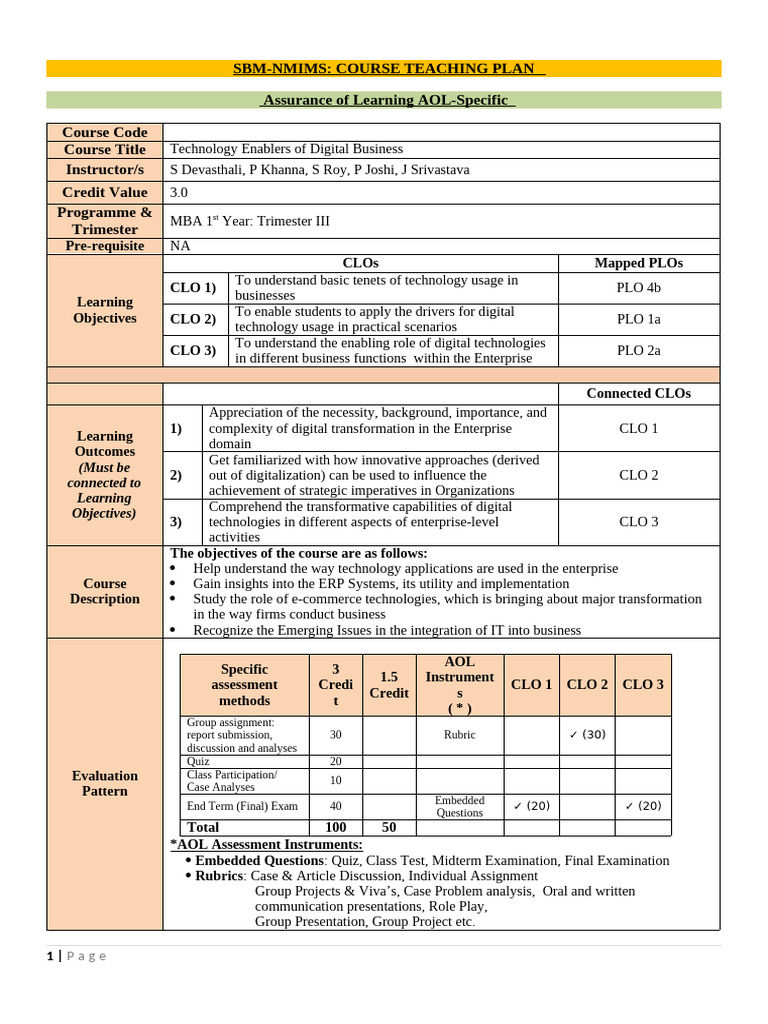 Digital Business Technology Course Plan | PDF | Enterprise Resource ...