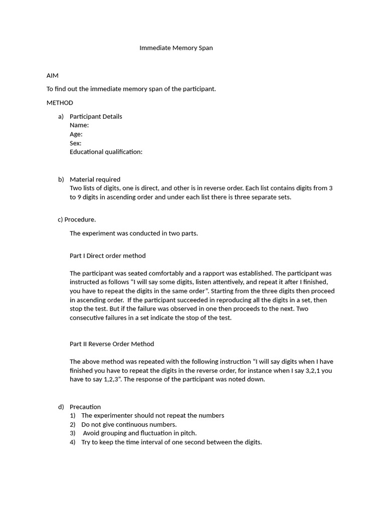 Immediate Memory Span | PDF