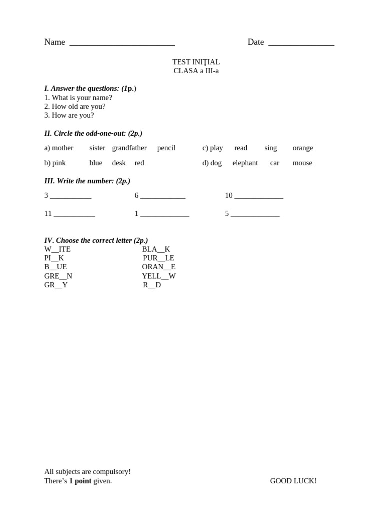 Initial Test for 3rd Grade Students | PDF