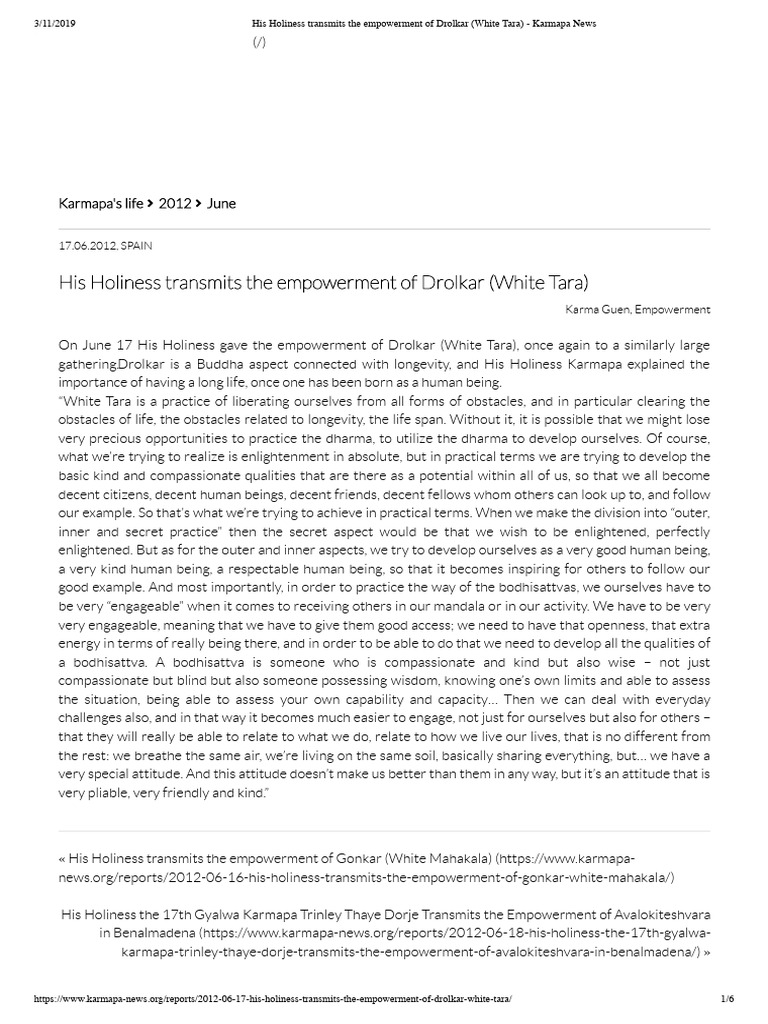 Karmapa Empowers Drolkar (White Tara) | PDF | Bodhisattva | Schools Of ...