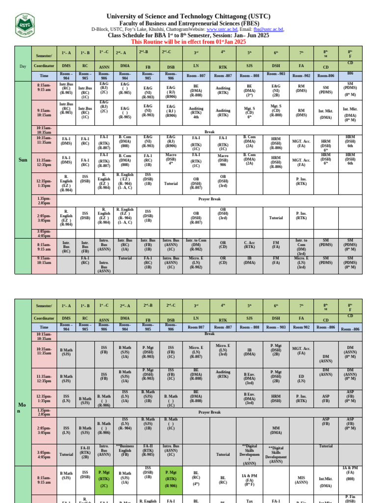 USTC BBA Class Schedule 2025 | PDF