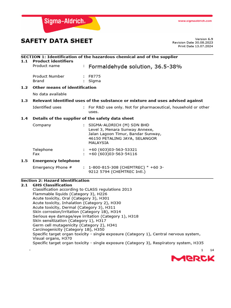 Formaldehyde Solution Safety Data Sheet | PDF | Occupational Safety And ...
