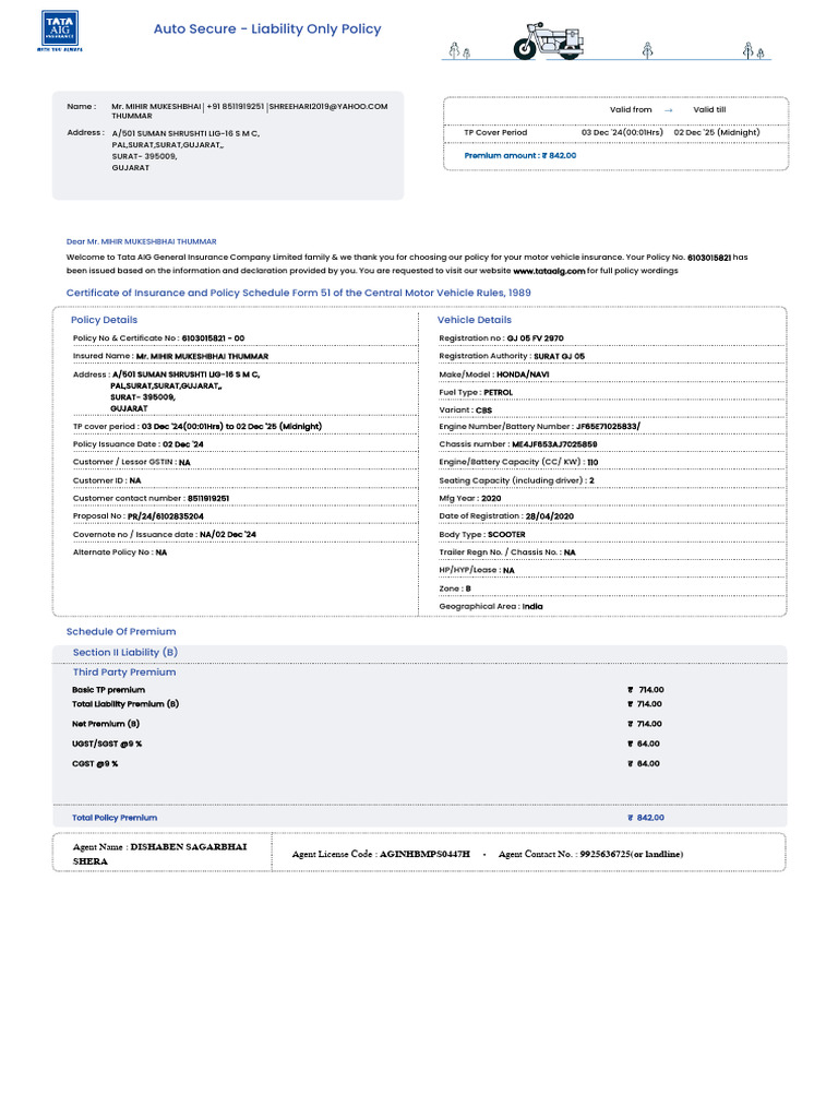 Tata AIG Motor Insurance Policy Details | PDF | Insurance | Receipt