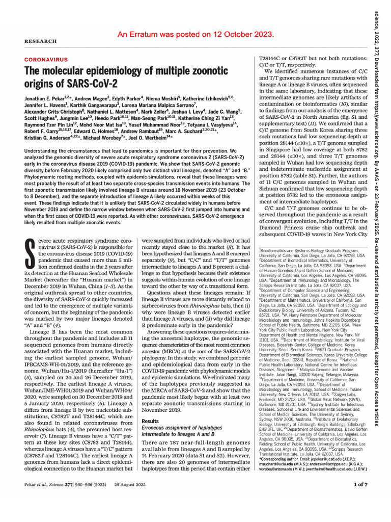 The Molecular Epidemiology of Multiple Zoonotic Origins of SARS-CoV-2 | PDF