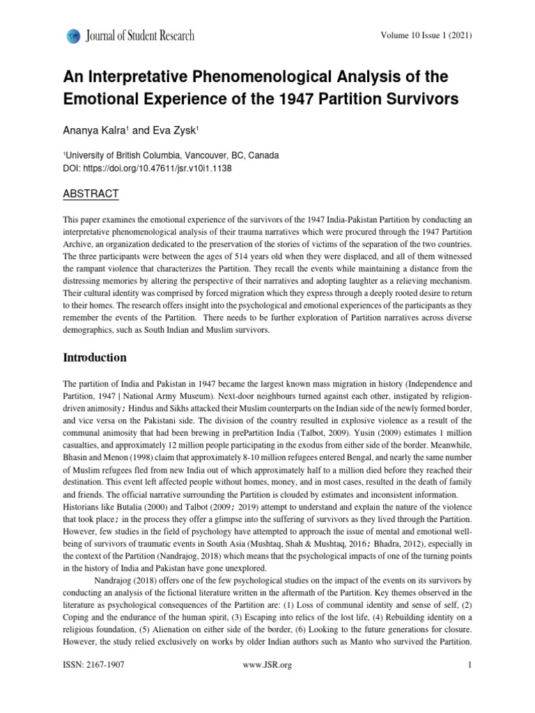 Emotional Impact of 1947 Partition Survivors | PDF | Partition Of India ...