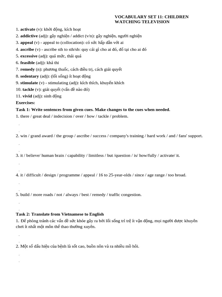 Vocabulary Set 11 - CHILDREN WATCHING TELEVISION | PDF | Vietnam