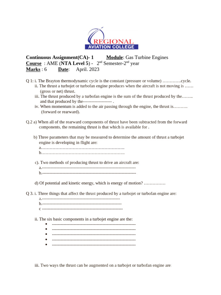 Gas Turbine Engines: Ame - 2 Semester-2 Year: 6: April. 2023 | PDF