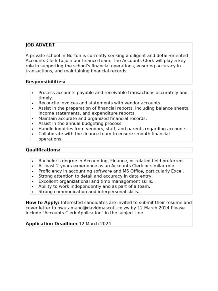 Job Advert - Accounts Clerk | PDF