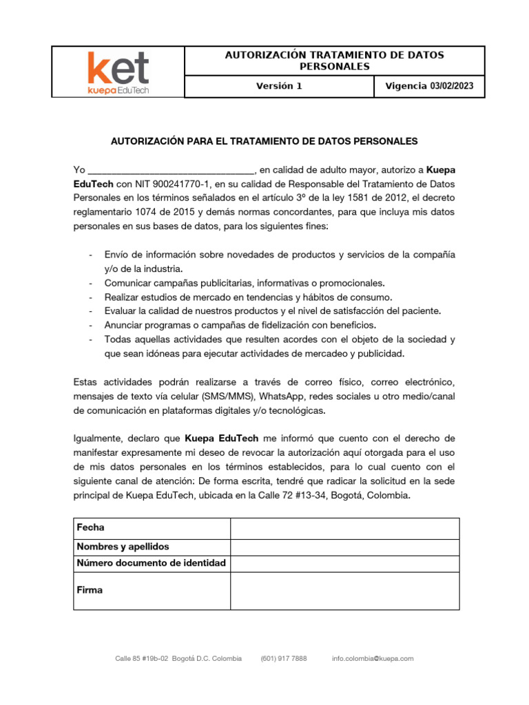 Autorización Tratamiento de Datos Personales - v.1 - JMM - 03022023 | PDF