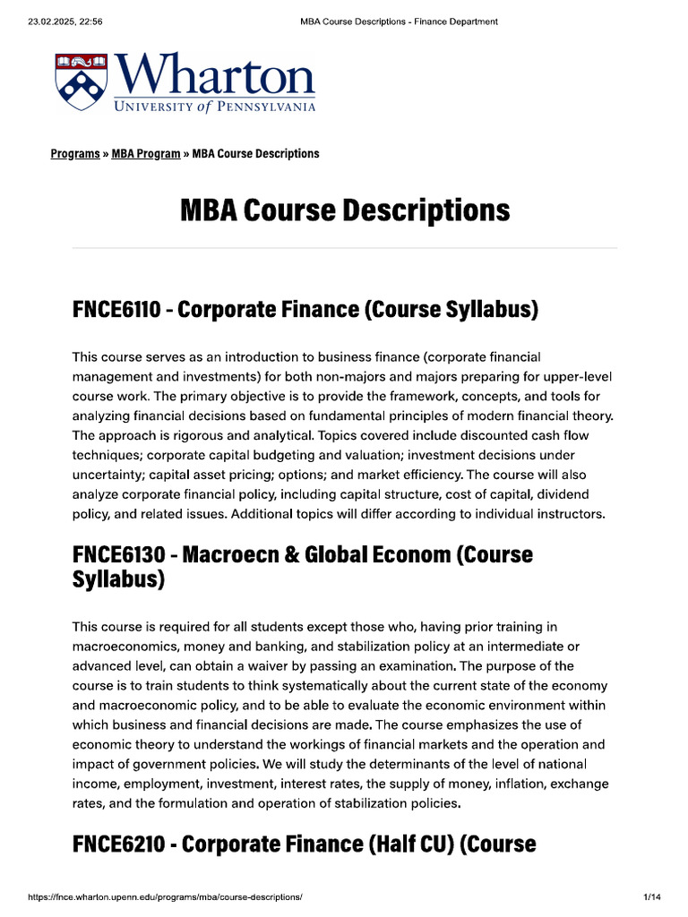 FNCE6110 - Corporate Finance (Course Syllabus) | PDF