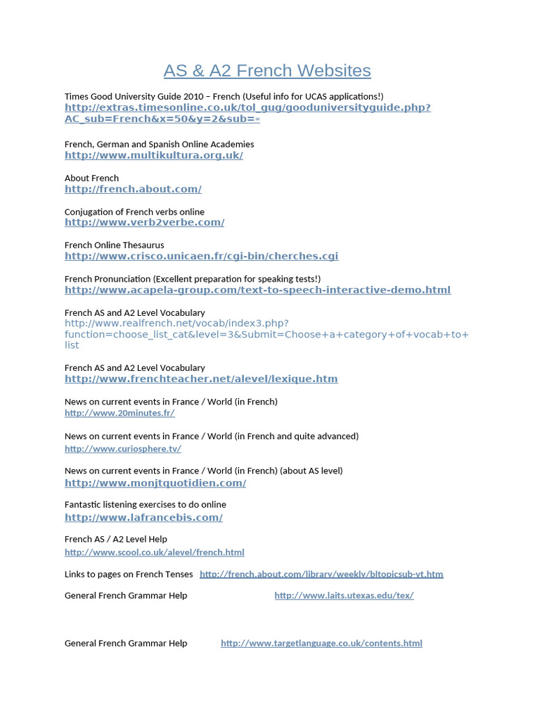 Essential Resources for A2 French Learners | PDF | French Language ...