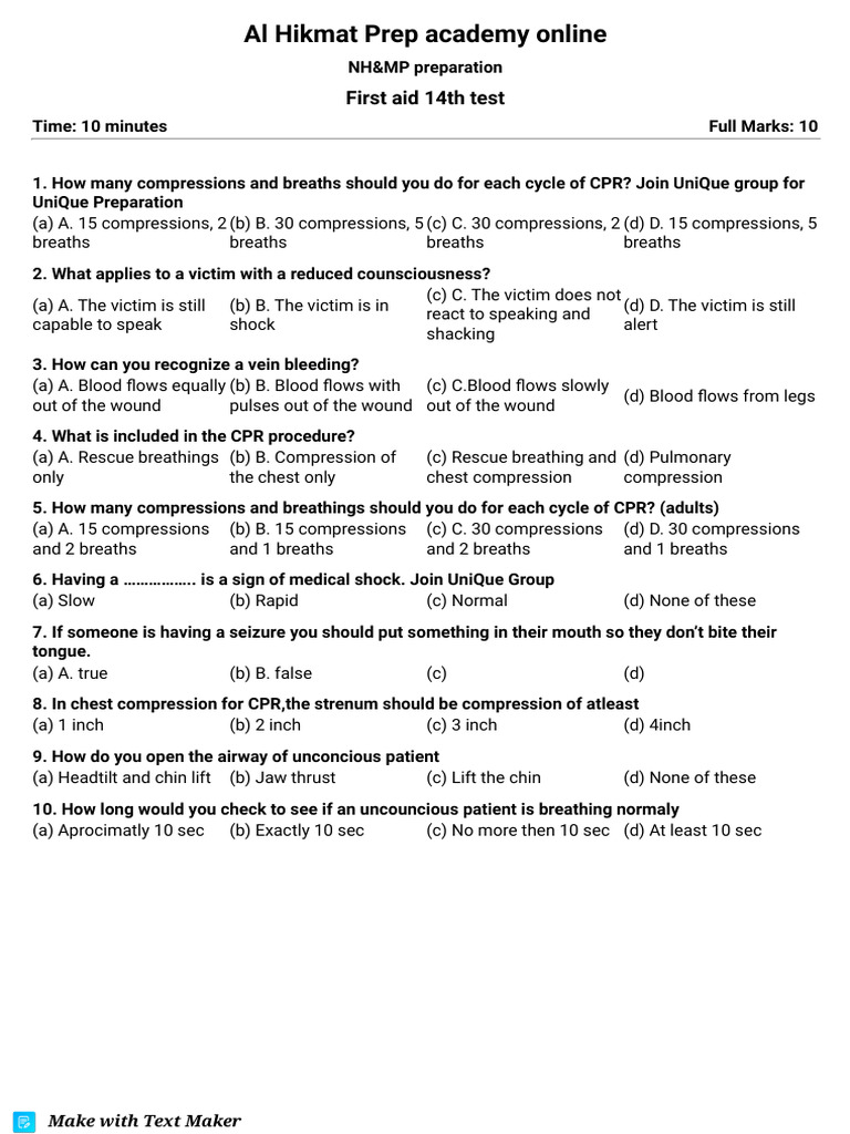 First Aid CPR Test Preparation Guide | PDF | Cardiopulmonary ...